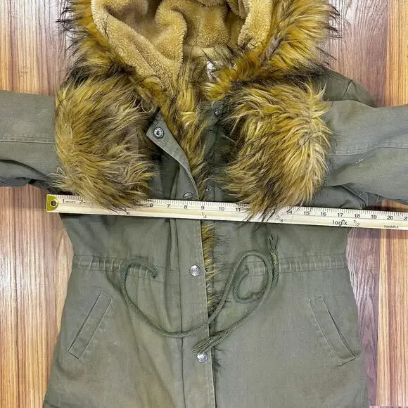 Vintage Olive Green Faux Fur Parka Coat Y2K Boho Festival Jacket Street Style - Picture 9 of 12
